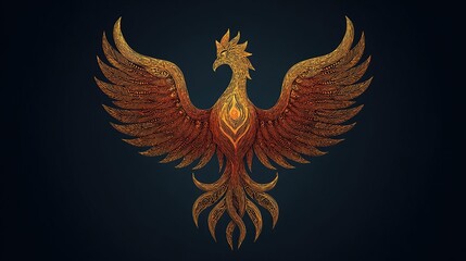 Fototapeta premium Fiery phoenix, wings outstretched, ornate design, golden-orange hues, dark background
