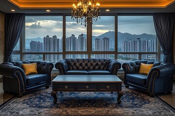 Luxury Apartment Panoramic City View Evening Skyscrapers
