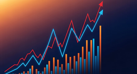 Rising stock market trends are displayed with a dynamic graph showing growth and positive financial performance indicators
