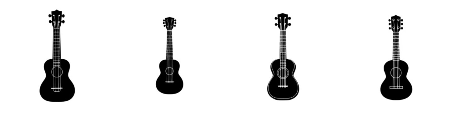 Minimalist black-and-white vector illustration showcasing various ukulele silhouettes in a clean design