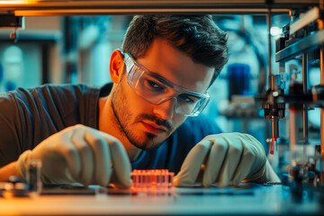 Male researcher wearing safety glasses and gloves precisely conducts experiment. Focused on glowing liquid samples in a high technology science laboratory setting.