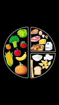 Animated Food Group Pie Chart Filling on Black Background