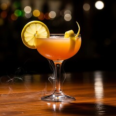 Elegant Cocktail with Lemon Twist - A Refreshing Drink on a Wooden Table.