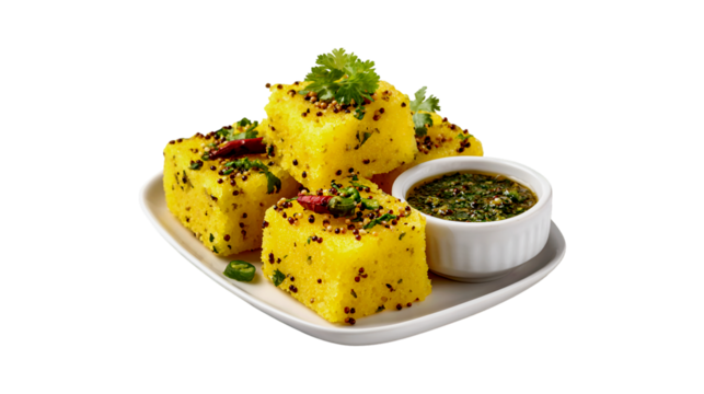 Delicious Dhokla Indian Snack Yellow Squares Cilantro Garnish Green Chutney