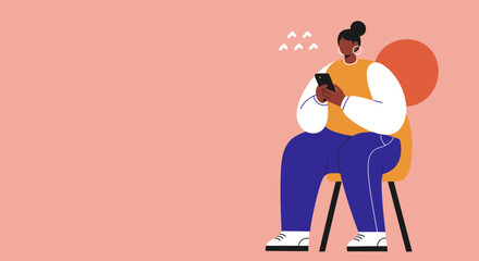 Young woman sitting casually, absorbed in her smartphone. Ideal for themes of digital communication, social media, internet usage, and modern lifestyle.