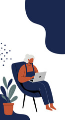 Senior woman comfortably working on a laptop at home, embracing remote work, online learning, or digital interaction concepts.