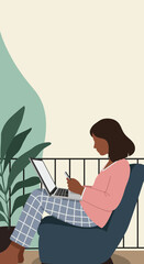 Woman working remotely on her laptop and phone from a comfortable chair on a balcony, embodying modern work-life balance and digital connectivity.