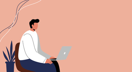 Man working remotely on laptop in a modern, minimalist setting. Ideal for themes of remote work, online learning, productivity, and contemporary business lifestyle.