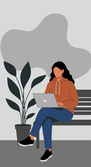 Modern flat design illustration of a woman working on a laptop on a bench, suitable for marketing and web design.