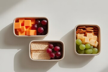 Healthy snack boxes with grapes, cheese, crackers, and pretzels on light background