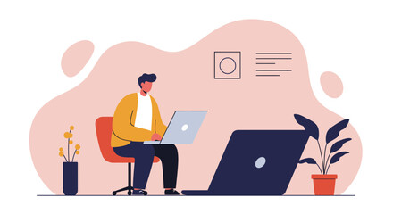 Young man working efficiently on his laptop in a modern, organized workspace. Ideal for concepts of remote work, online business, and digital productivity.