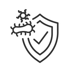 shield germs and check mark icon, good hygiene concept, medically sterile, line vector illustration