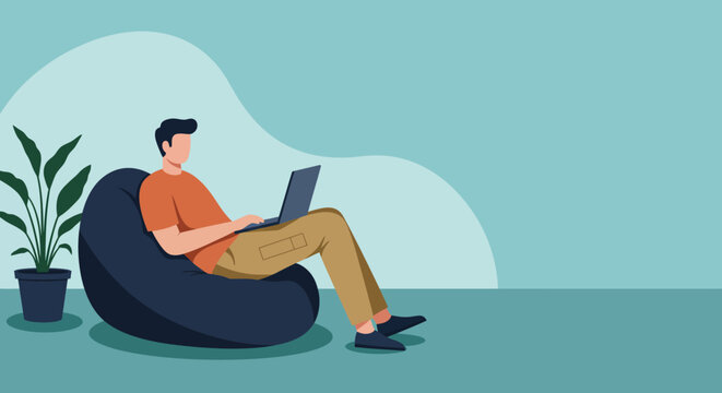 Relaxed man working on a laptop from a bean bag chair at home. Ideal for remote work, freelancing, online learning, or comfortable lifestyle concepts.