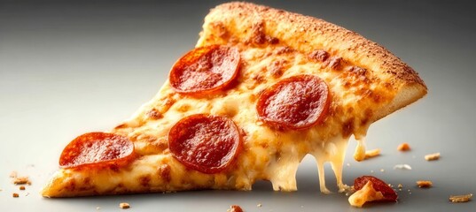 Close-Up of a Delicious Pepperoni Pizza Slice with Melting Mozzarella and Golden Crust, Tasty Treat