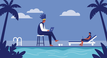 Businessman working remotely on laptop by the pool, enjoying a tropical vacation, flat design illustration for landing page banner, marketing, and presentation.