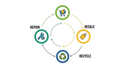 Circular economy diagram illustrating the processes of repair, resale, recycling, and shopping.