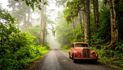 Vintage car in misty forest road