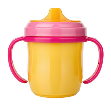 Yellow and pink sippy cup with handles isolated on transparent background for toddlers