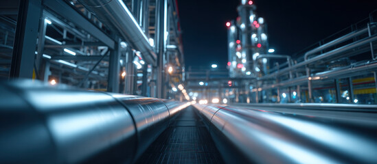 Fototapeta premium An industrial factory at night with pipelines and illuminated structures, showcasing modern industrial technology and infrastructure.