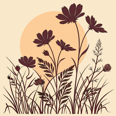 Minimilist silhouette of flowers and plants against a light background with a circle shape in the background vector