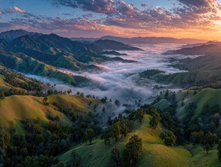 Sunrise mist valley, rolling hills