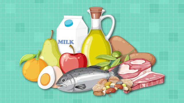 Assorted Food Groups Arranged on Green Background Animation