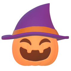 魔女のとんがり帽子をかぶった笑った顔のカボチャの3Dイラスト