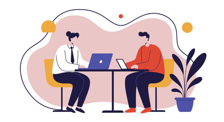 Two professionals collaborate on laptops and tablets in a modern office illustration, representing teamwork, technology, and efficient business communication.