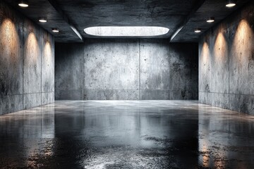 Empty concrete interior, wet floor