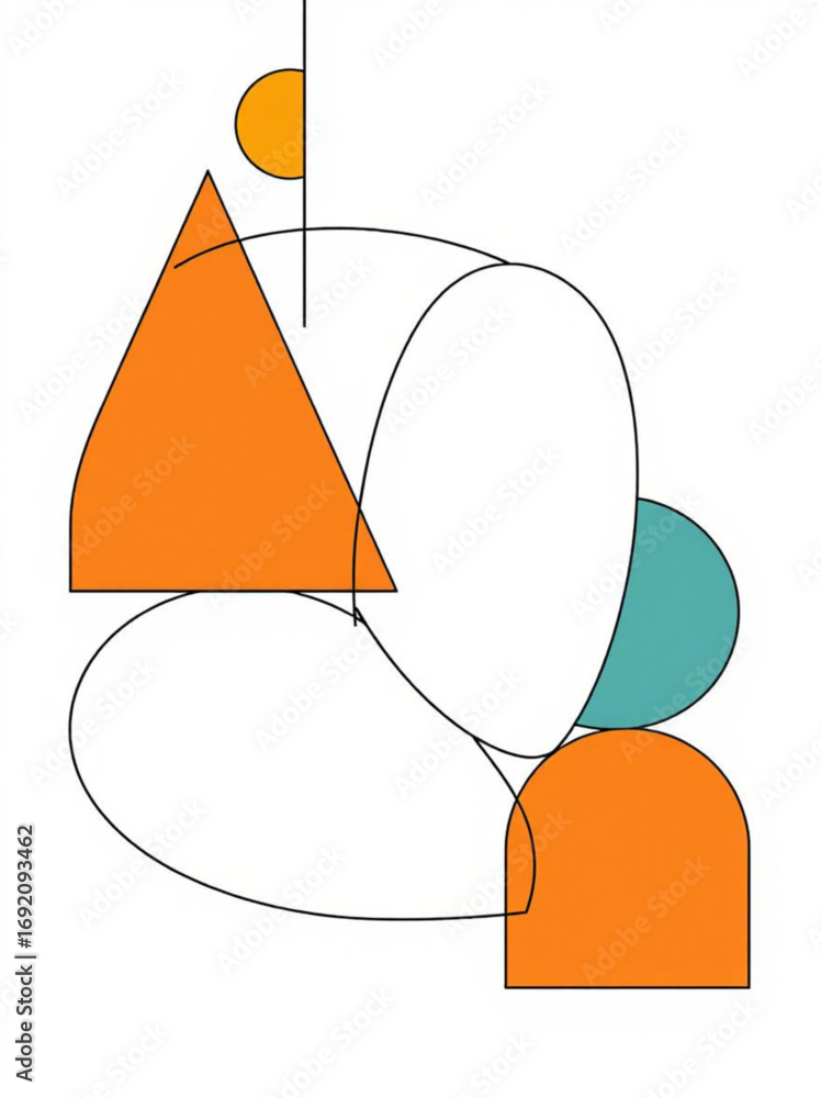 Aufkleber minimilist abstract geometric composition with orange triangle and circles and curved lines on white