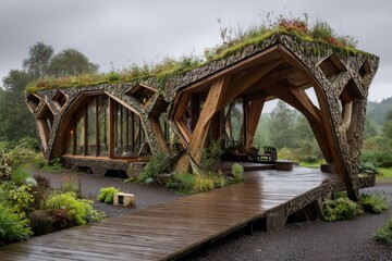 Wooden, organic structure with a lush green roof