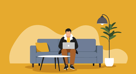 A man sits comfortably on a sofa, focused on his laptop, embodying modern remote work or online learning. Ideal for concepts of productivity, digital lifestyle, and home office.