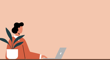 Focused person working remotely on a laptop at a minimalist desk with a plant. Ideal for concepts of productivity, digital work, and modern business lifestyle.
