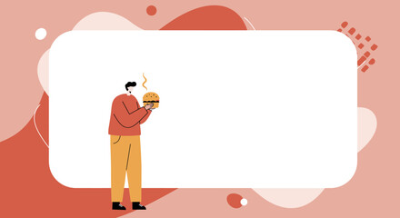 Modern illustration: Man holding a steaming burger, ideal for fast food, delivery apps, or restaurant promotions. Ample copy space.