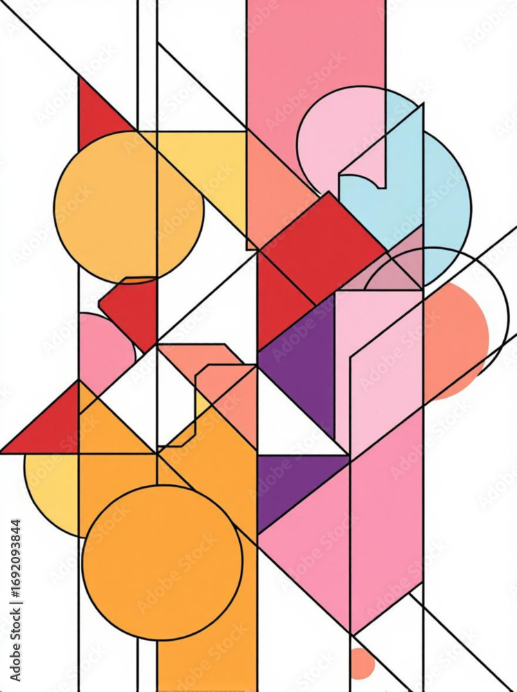 Poster minimilist abstract geometric composition featuring circles triangles squares and rectangles in past