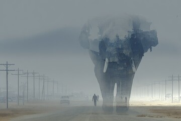 Misty desert road, colossal elephant