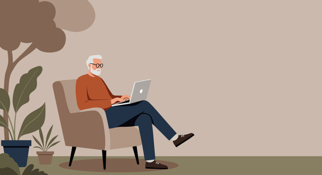 Senior man comfortably using a laptop in an armchair at home, engaged in remote work, online learning, or leisure. Represents digital inclusion and an active retirement lifestyle.