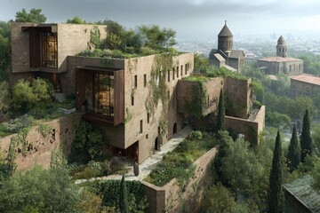 Modern building nestled in overgrown ruins, lush gardens