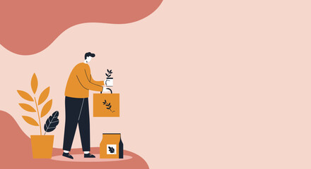 A person handles a small potted plant and a reusable bag, representing sustainable living, home gardening, and eco-friendly shopping concepts.