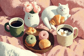 Pastel breakfast scene with cat, coffee, and pastries