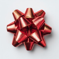 Red metallic gift bow, starburst shape, on white background