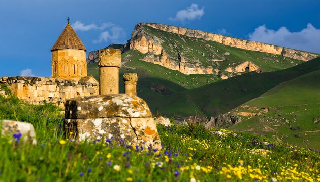 Ancient church nestled in a mountain valley - Powered by Adobe