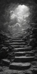 Stone steps leading upward to a light-filled opening in a dark cave