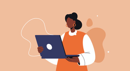 Professional woman working on laptop, representing online communication, business, and modern lifestyle. Ideal for technology, education, or freelance concepts.