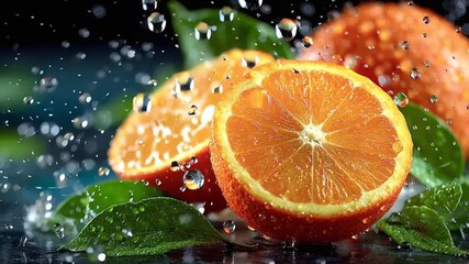 Ripe orange halves resting on green wet leaves, experiencing dramatic water droplets splashing across vibrant surface, capturing fresh citrus essence in dynamic slow motion - Powered by Adobe