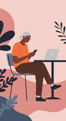 Elderly Black woman casually uses smartphone and laptop at a table with abstract plants, symbolizing modern connectivity and active senior lifestyle.
