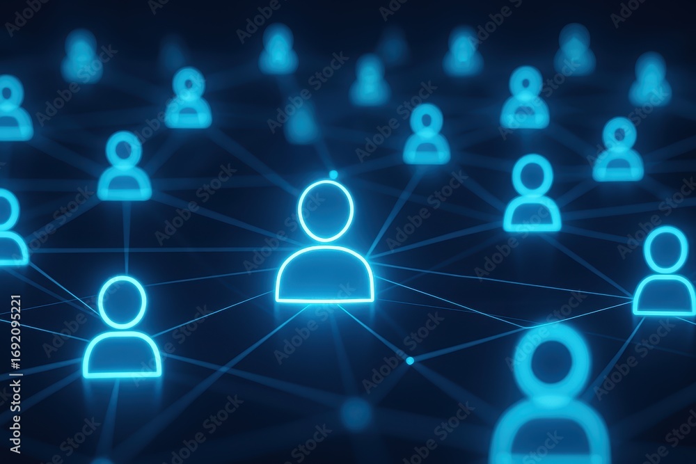 Poster digital network connection: a futuristic representation of a digital network, with illuminated icons