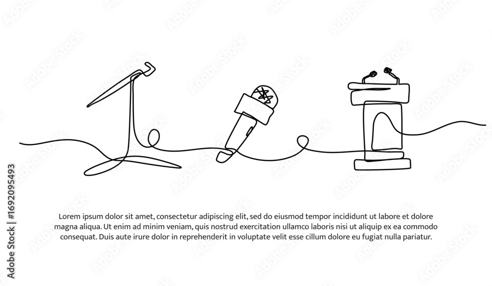 Poster continuous line design of mic on stand and podium. single line decorative element drawn on white.