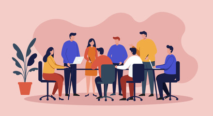 Diverse business team collaborating in a modern office meeting, discussing projects with laptops. Ideal for corporate teamwork, innovation, and professional development concepts.