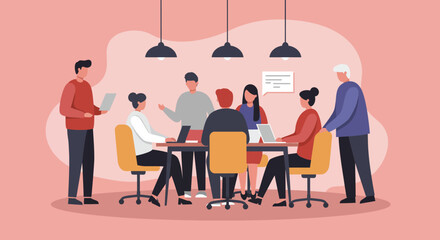 Diverse business team collaborating in a modern office meeting, discussing ideas and planning projects. Ideal for corporate strategy, teamwork, and innovation concepts.